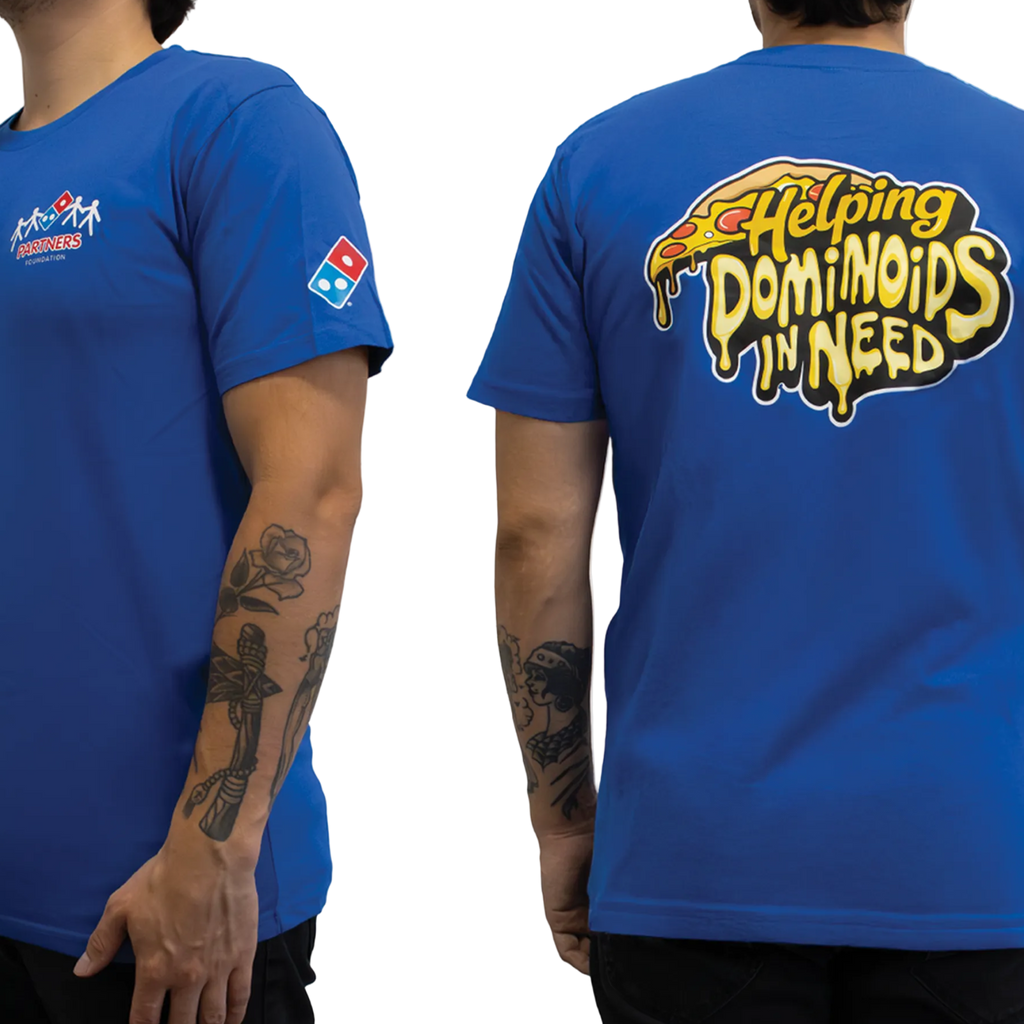 Blue t-shirt with logos on the front and back, worn by a person.