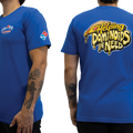 Blue t-shirt with logos on the front and back, worn by a person.