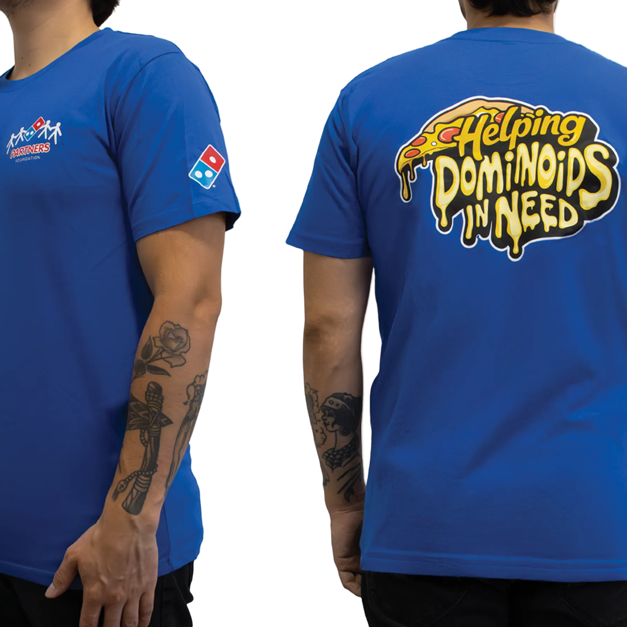 Blue t-shirt with logos on the front and back, worn by a person.
