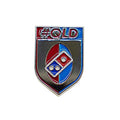 Shiny badge with 'QLD' and Domino's Pizza logo on a light gray background
